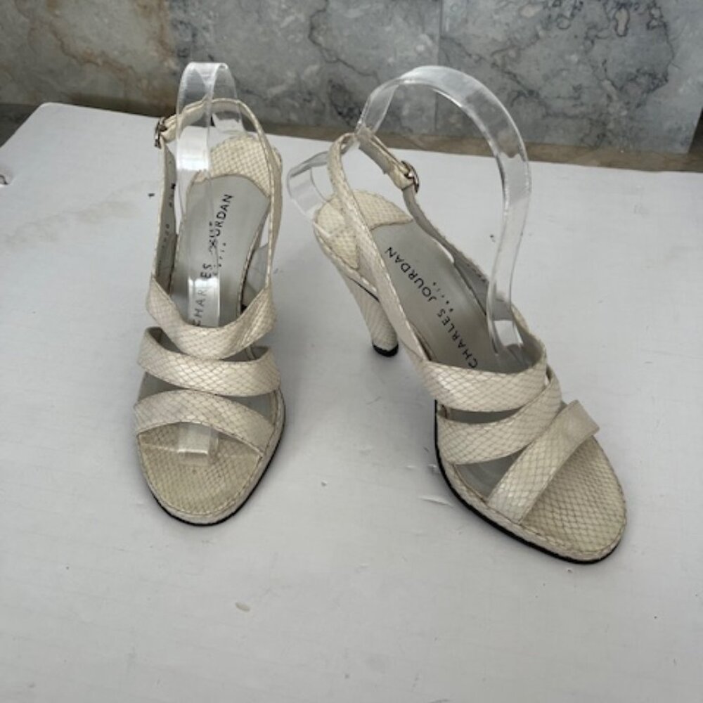 Charles Jourdan White Leather Snake-Like Strappy Heels Pumps